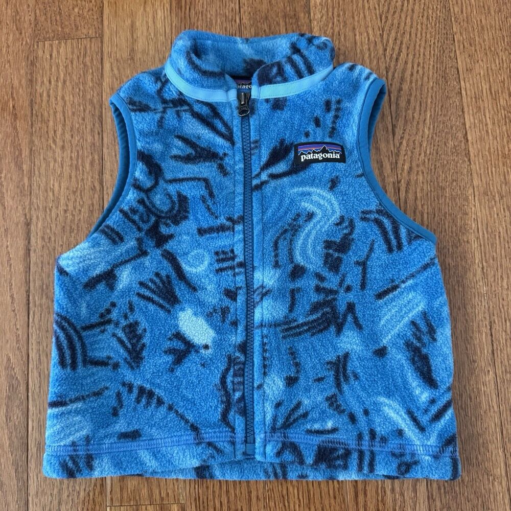 Patagonia Baby Synchilla Vest Boys 12-18 Months Blue Graphic Print Fleece Zip Up